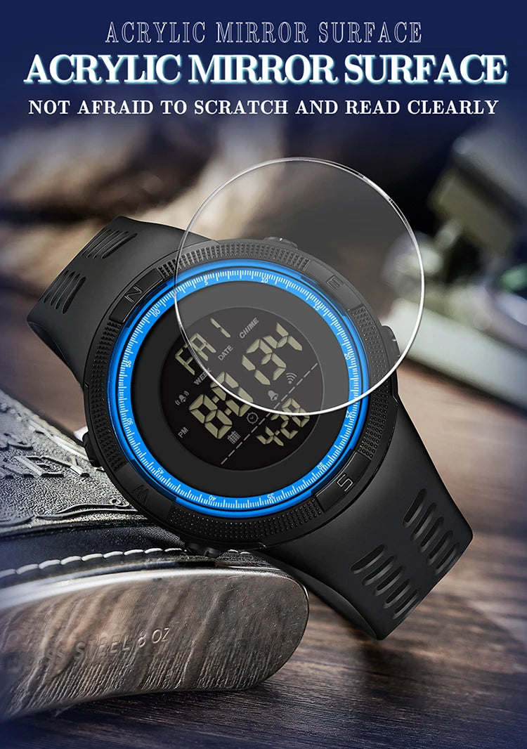 Stainless Steel Digital Sports Watch with Step Counting and Alarm for Men.