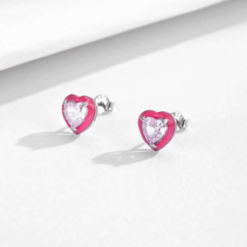 925 Sterling Silver Pink Enamel Heart Crushed Ice Zircon Stud Earrings for Women