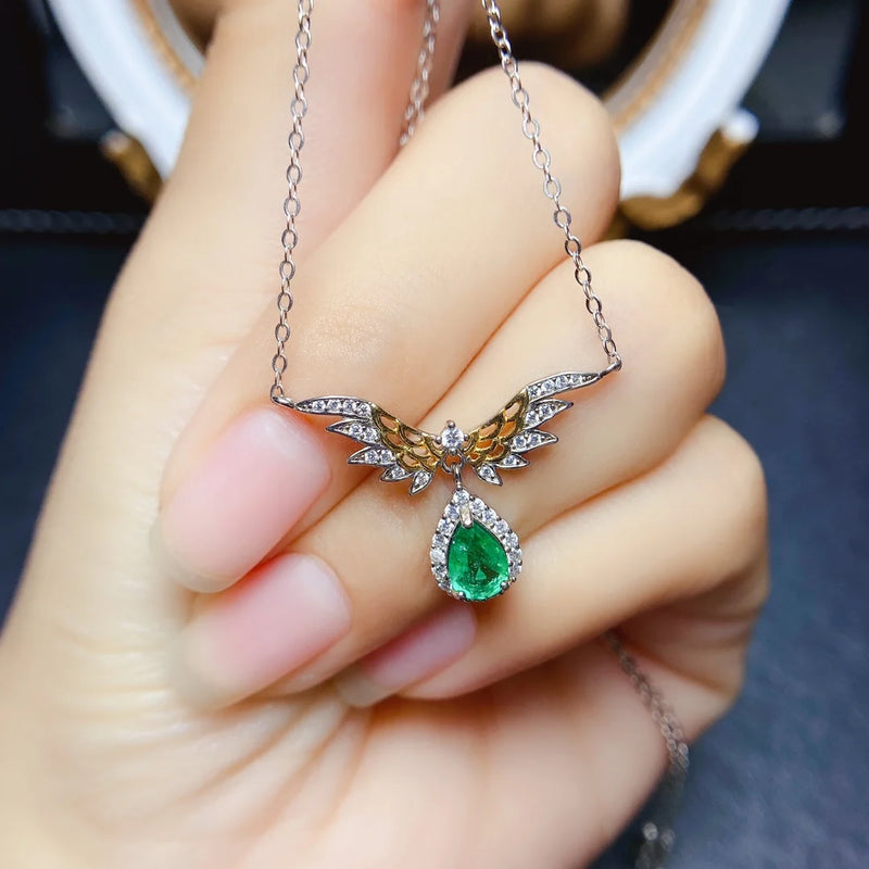 Sterling Silver Emerald Wing Pendant Necklace for Women