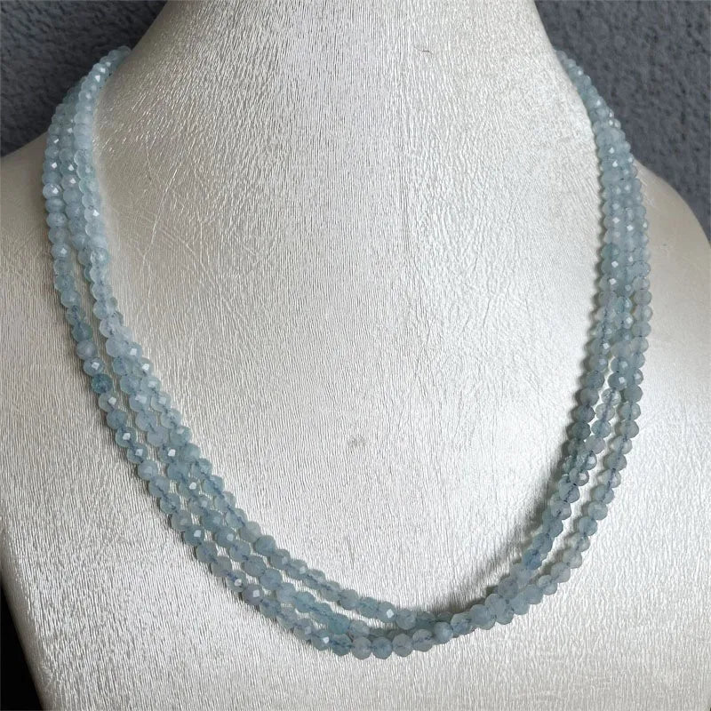 Sterling Silver Aquamarine Necklace, Multilayer Bead Chain Choker, Natural Stone, Sea Blue, Adjustable for Women