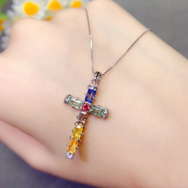 925 Silver Sapphire Cross Pendants for Her