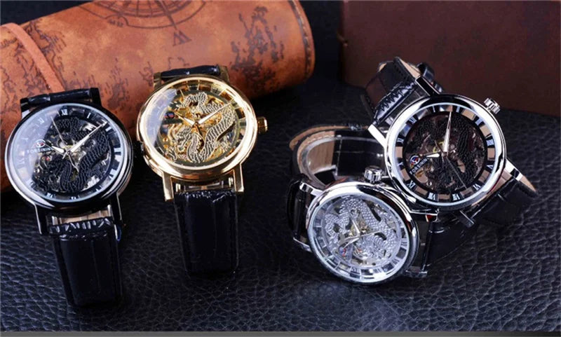 Stainless Steel Dragon Skeleton Mechanical Watch for Men