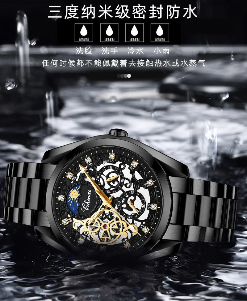 Stainless Steel Diamond Inlaid Mechanical Watch for Men