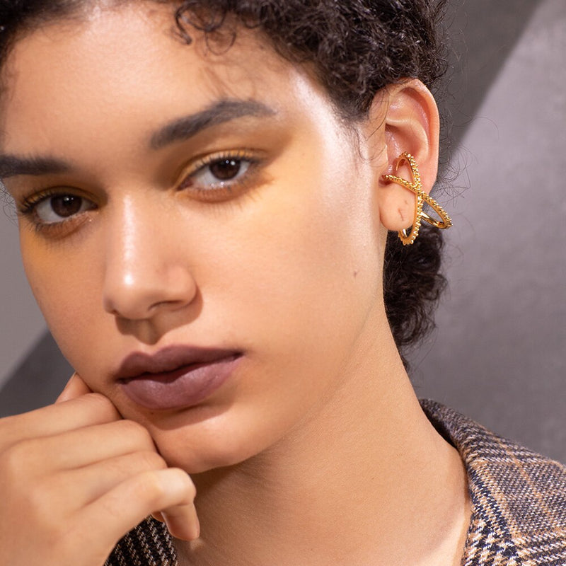 Gold Punk Spike X Shape Ear Cuff Clip On Earrings for Women