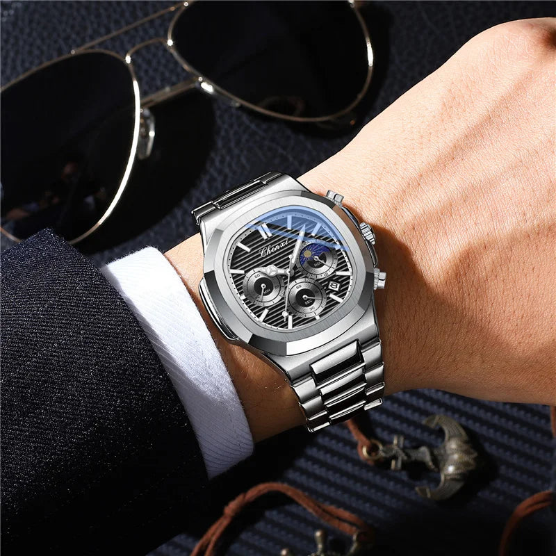 Stainless Steel Quartz Moon Phase Chronograph Watch for Men