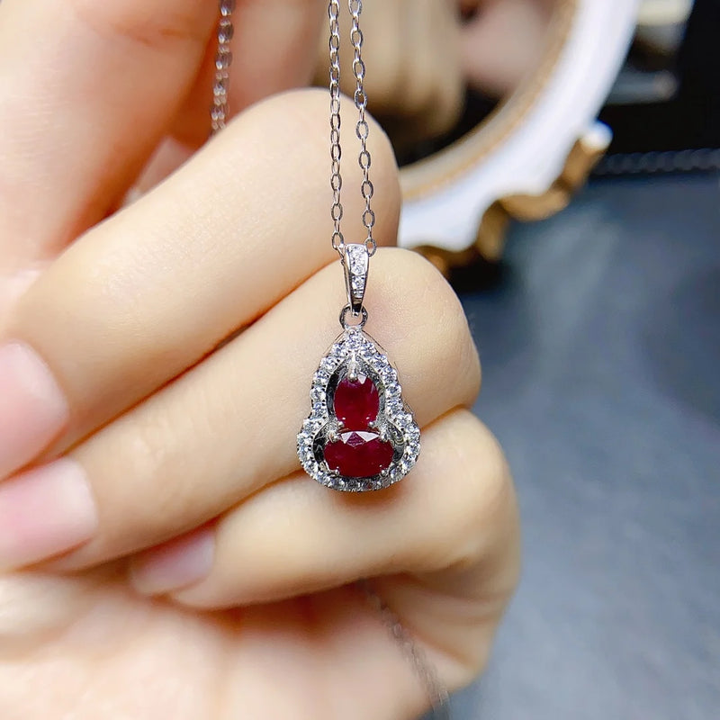 Sterling Silver Natural Ruby Gourd Pendant Necklace for Women