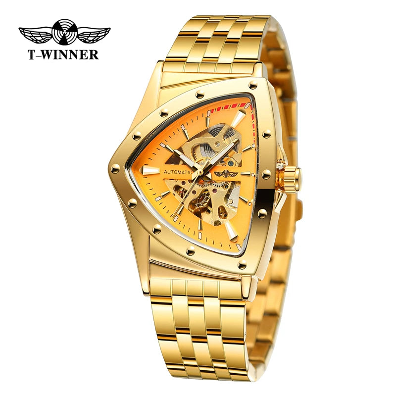 Golden Stainless Steel Skeleton Wrist Watch for Men