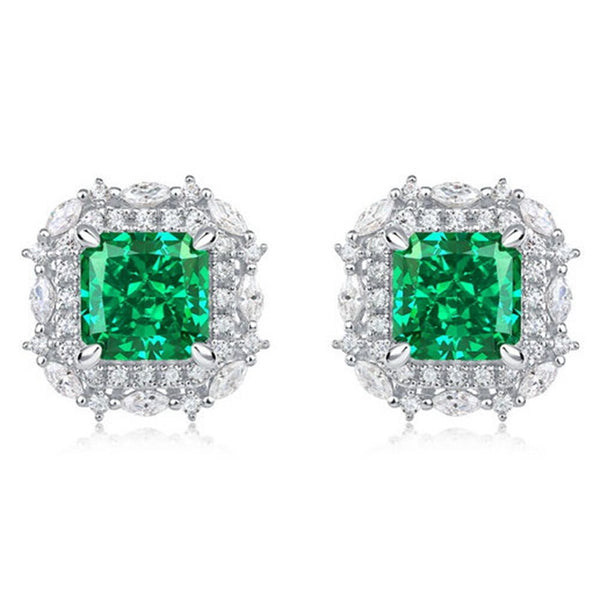Wong Rain 925 Sterling Silver 7*7MM Crushed Ice Cut Emerald High Carbon Diamond Gemstone Studs Earrings Fine Jewelry Wholesale