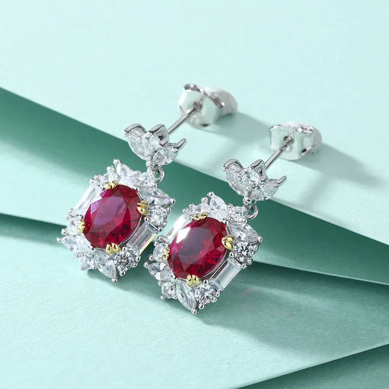 925 Silver Garnet Stud Earrings 6x8mm for Women