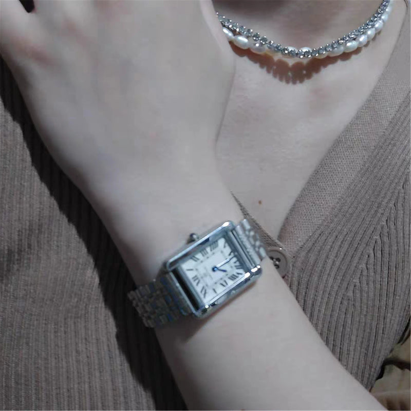 Luxury Square Stainless Steel Watch with Blue Hands & Thin Dial for Women