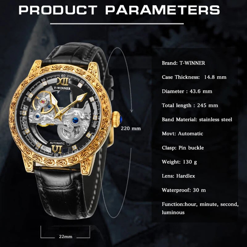 Stainless Steel Leather Strap Mechanical Skeleton Tourbillon Hollow Out Watch for Men