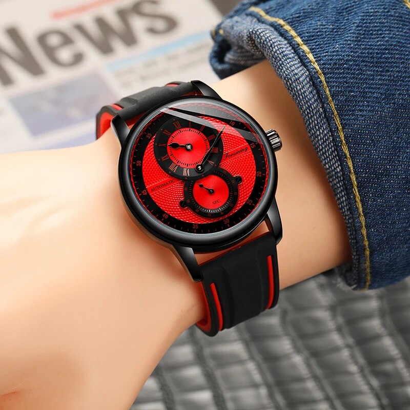 Stainless Steel Automatic Mechanical Sport Racing Red Mens Watch