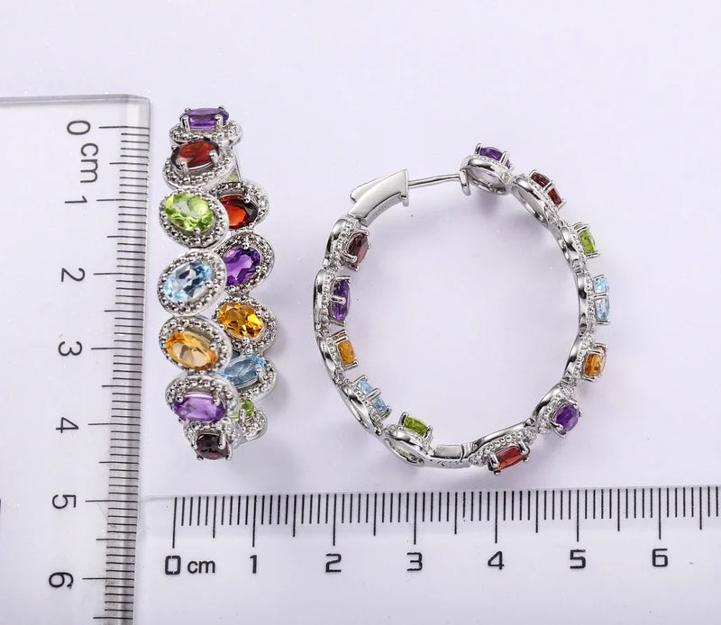 925 Sterling Silver Big Hoop Earrings with Garnet, Peridot, and Amethyst Gemstones for Women