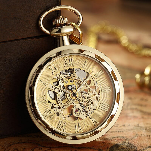 Gold Mechanical Pocket Watch with Roman Numeral Dial and Fob Chain for Men