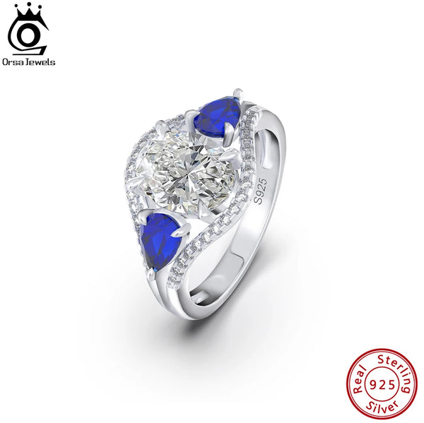 925 Sterling Silver Round 4A CZ and Created Sapphire Engagement Ring for Women