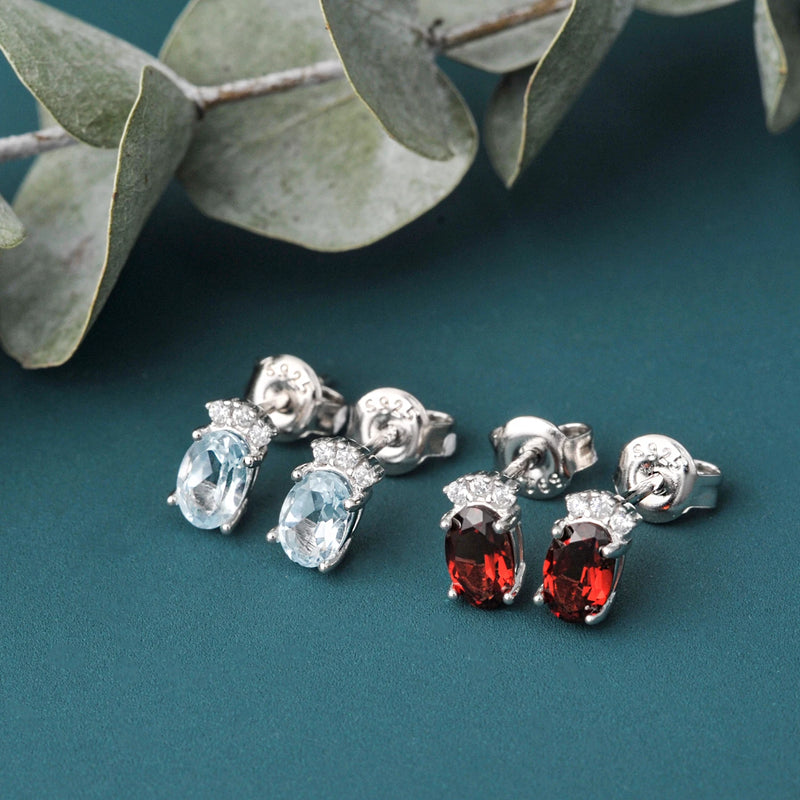 925 Sterling Silver Sky Blue Topaz & Garnet Oval Stud Earrings for Women