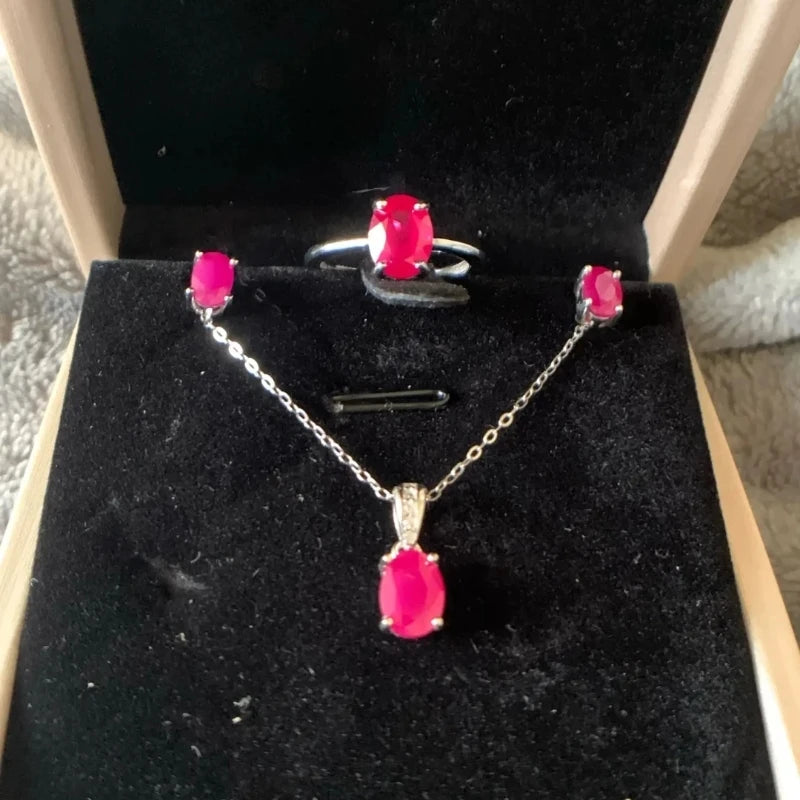 925 Sterling Silver Natural Ruby Jewelry Set for Women