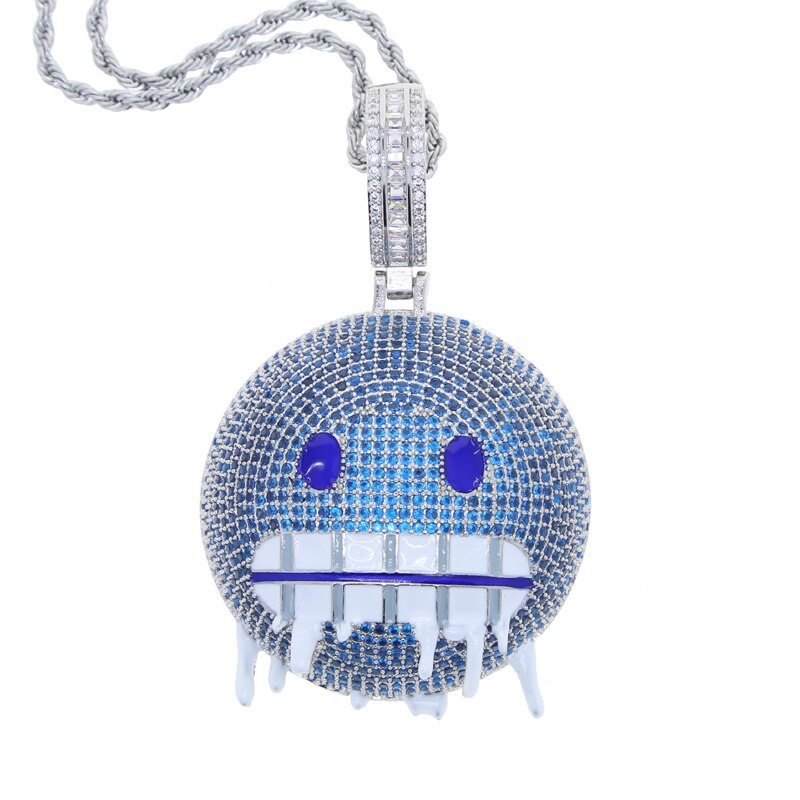 White Gold Cubic Zirconia Paved Round Face Pendant Necklace with Rope Chain Iced Out Bling for Men