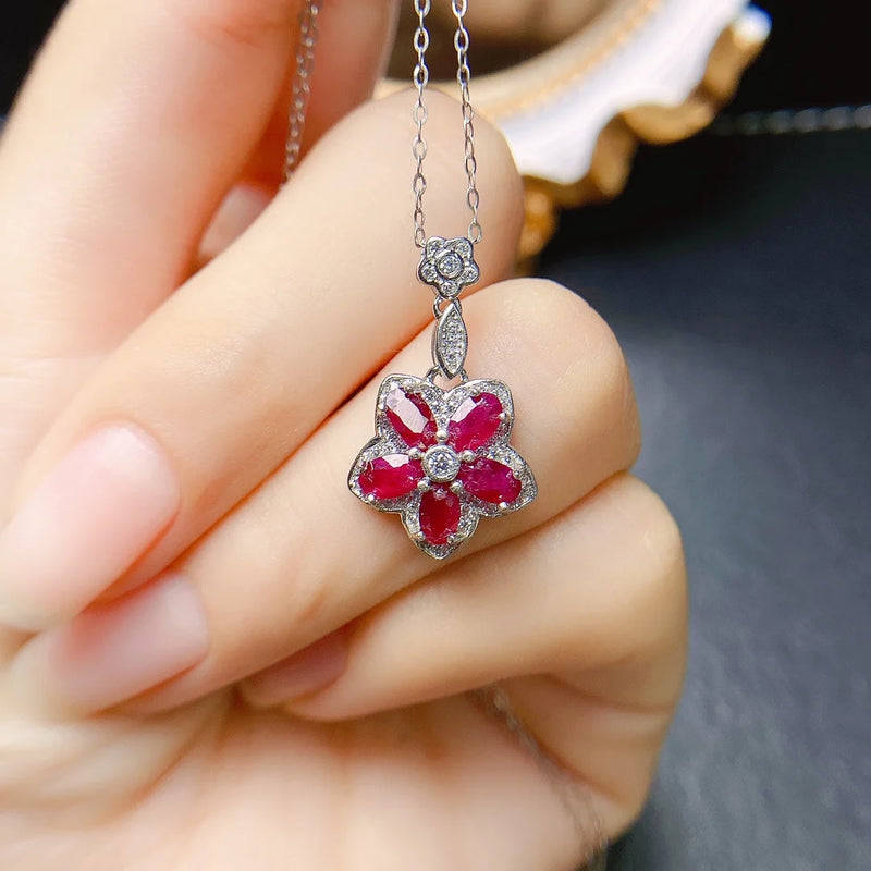 Sterling Silver Natural Ruby Flower Pendant Necklace for Women