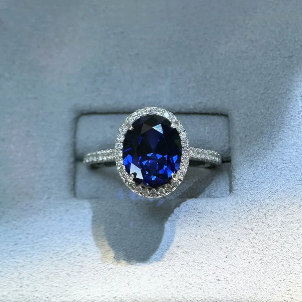 925 Sterling Silver Blue Sapphire Oval Ring for Woman