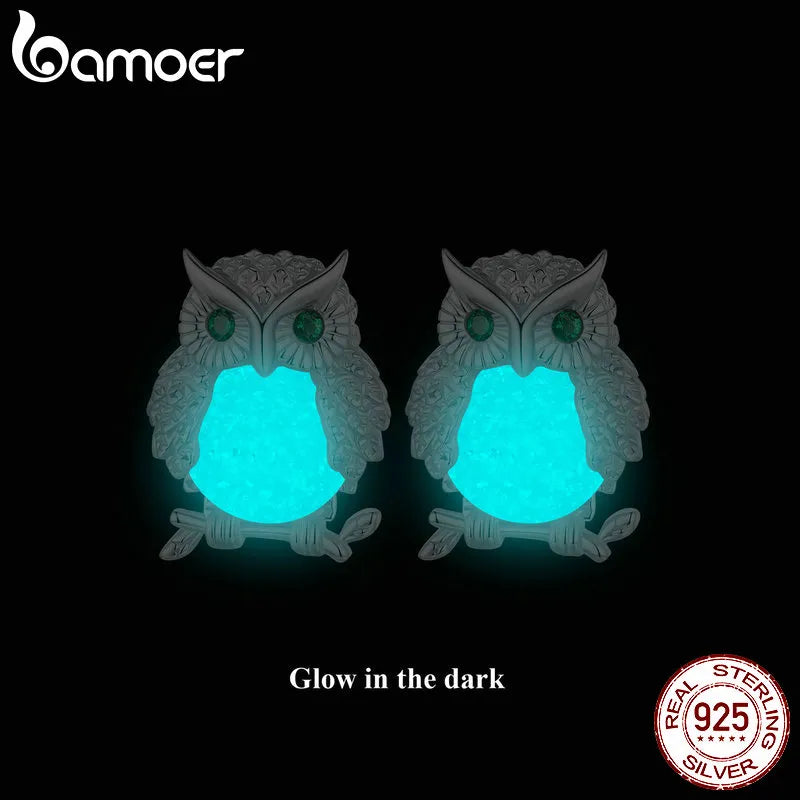 Sterling Silver Owl Stud Earrings with Luminous Stone for Women