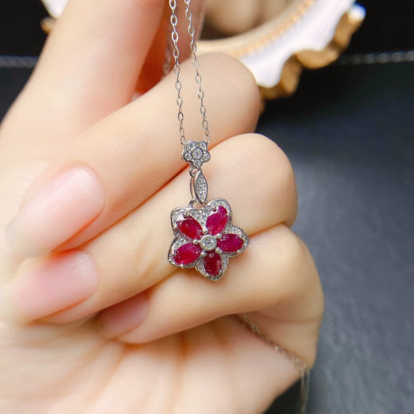 Sterling Silver Natural Ruby Flower Pendant Necklace for Women