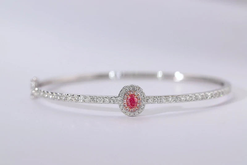 18K White Gold Bangle with Pink Diamond, Geometric Design for Women