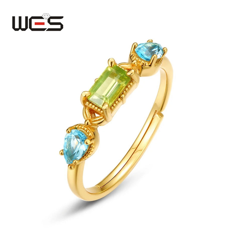 925 Sterling Silver Birthstone Ring with Peridot and Swiss Blue Topaz, Adjustable for Women