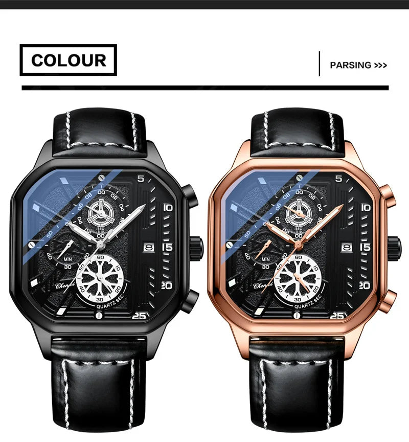 Stainless Steel Leather Multifunction Waterproof Sports Watch for Men