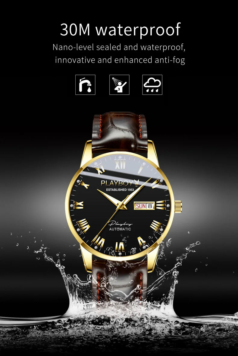 Stainless Steel Leather Strap Automatic Mechanical Watch for Men