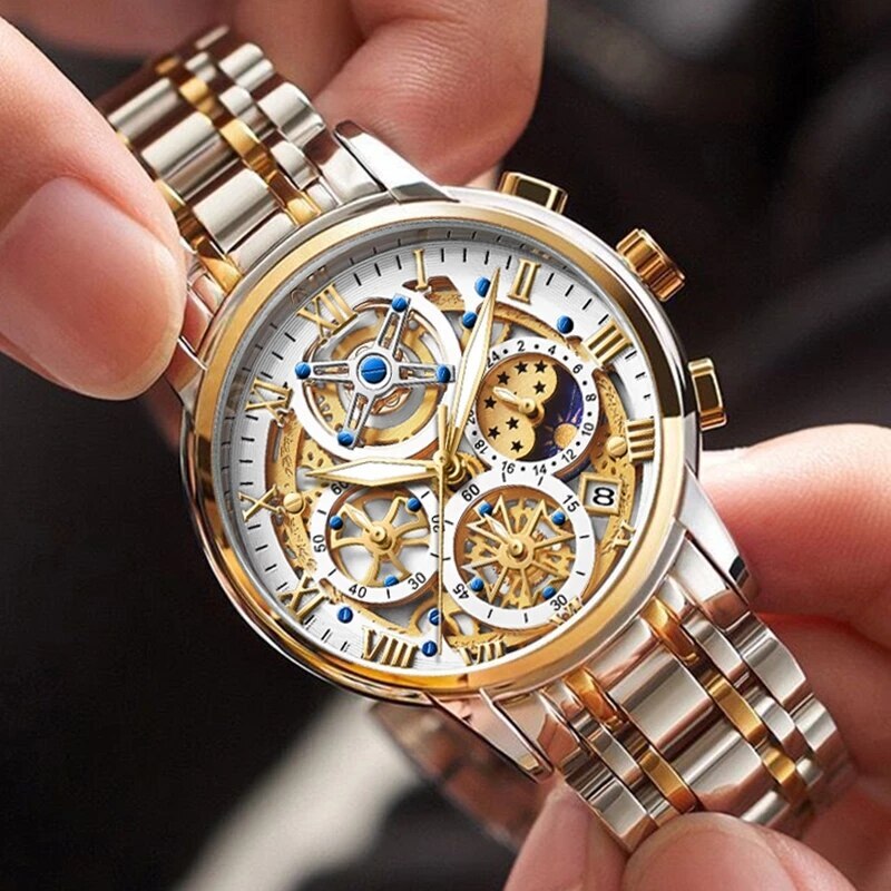 Stainless Steel Quartz Chronograph Sports Watch for Men