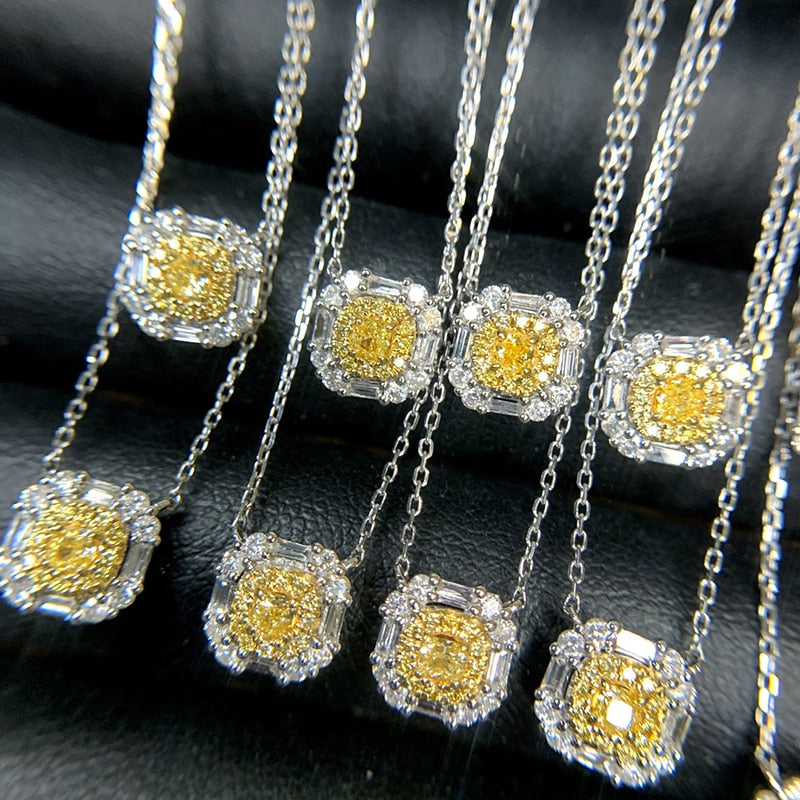 18K White Gold Yellow Diamond Square Pendant Necklace for Women