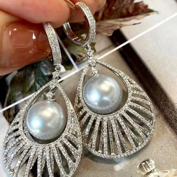 Wong Rain Classic 925 Sterling Silver 10-11 MM Natural Pearl High Carbon Diamond Gemstone Water Drop Earrings Customized Jewelry