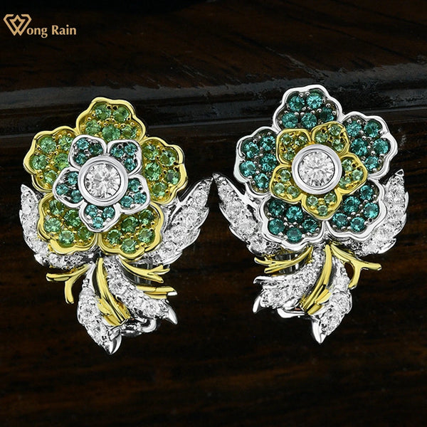 Wong Rain Elegant 18K Gold Plated 925 Sterling Silver Flower Lab Sapphire Gemstone Clip Earrings Fine Jewelry for Women Gifts