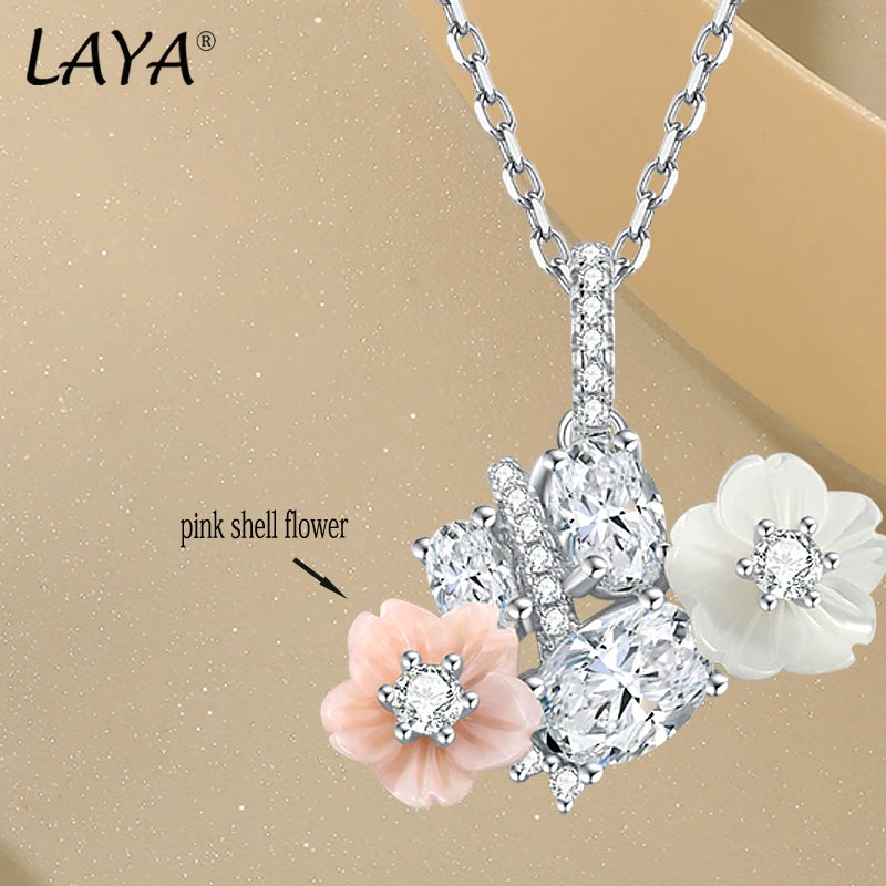 925 Sterling Silver White Pink Shell Flower Zircon Necklace for Women