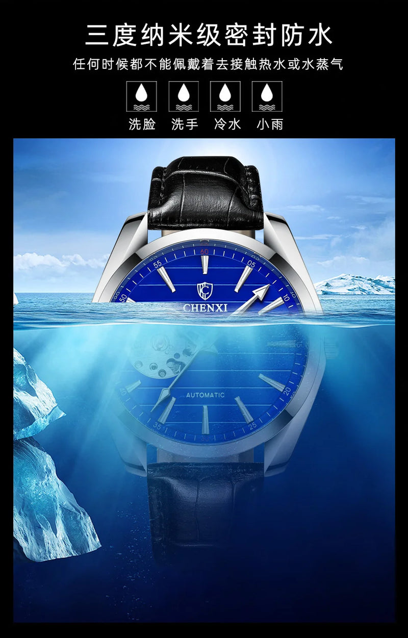 Stainless steel Leather Automatic Luminous Waterproof Watch for Men