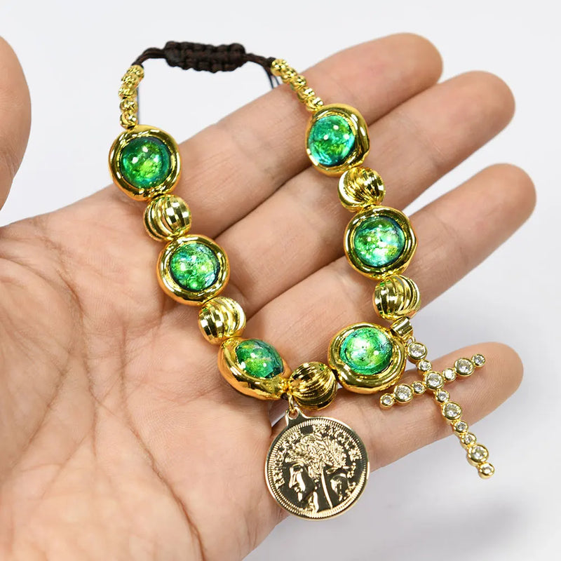 Gold Plated Green Murano Glass Cross & Coin Charm Bracelet for Women