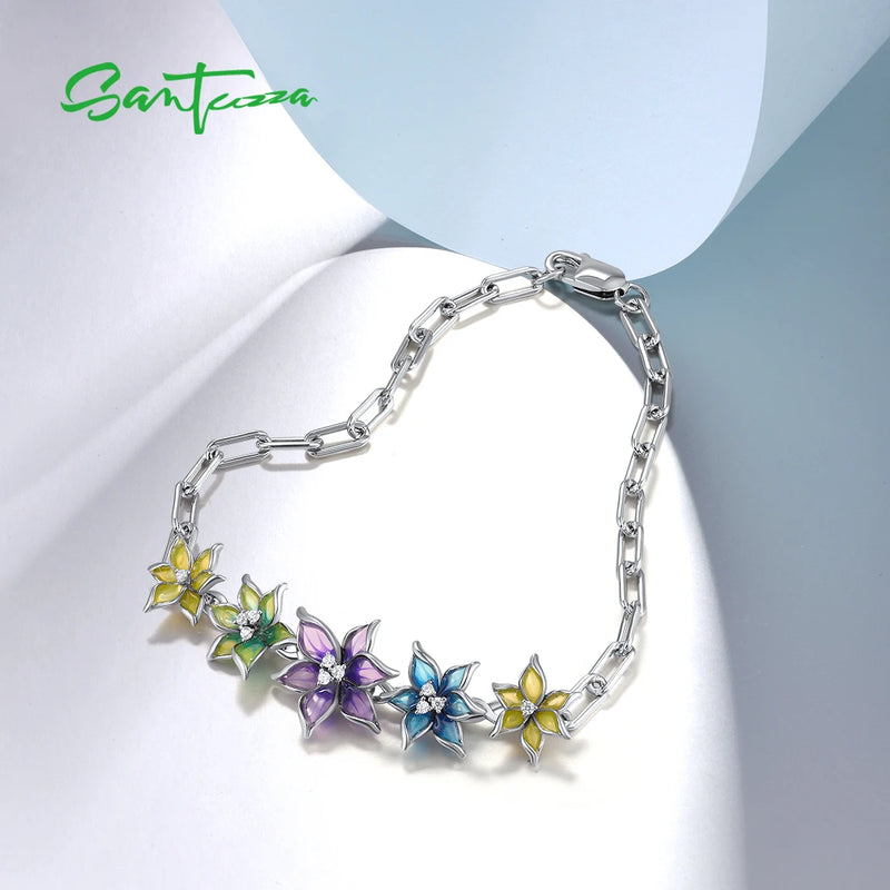 Sterling Silver Bracelet with Enamel Flowers for Women