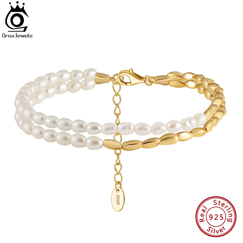 14K Gold & Sterling Silver Layered Pearl Bracelet, 3mm Pearl Beads for Women