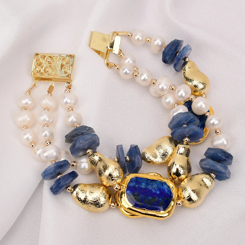 Gold Plated Kyanite, Pearl & Lapis Lazuli Bracelet for Lady