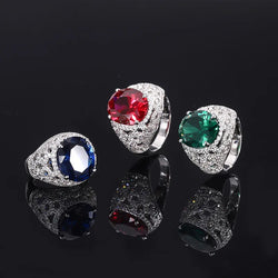 Sterling Silver Full Diamond Tanzanian Blue, Pigeon Blood Red Treasure Ring for Women