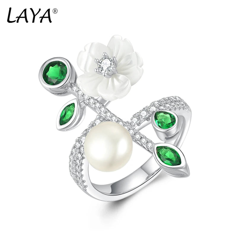 925 Sterling Silver White Shell Flower Ring with Green Zircon & Pearl for Women