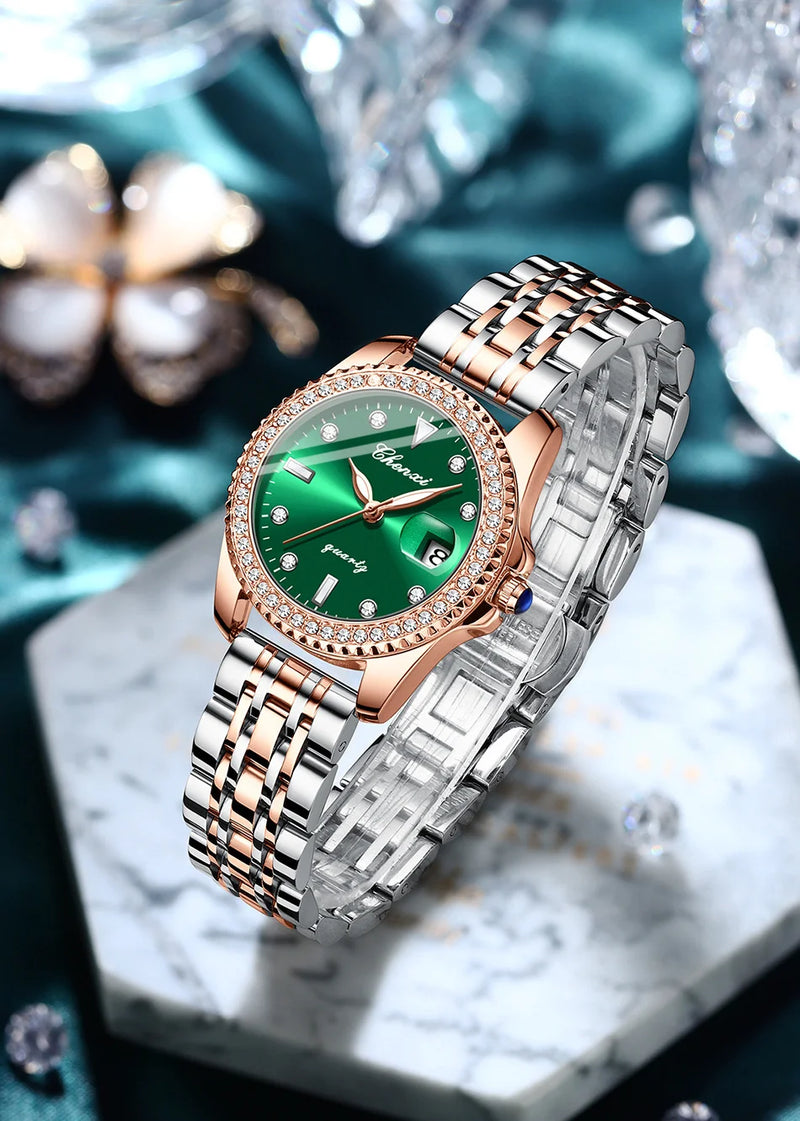 Stainless Steel Diamond Luminous Waterproof Watch for Women