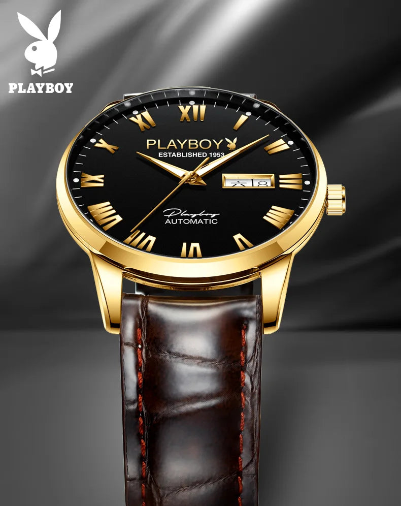 Stainless Steel Leather Strap Automatic Mechanical Watch for Men