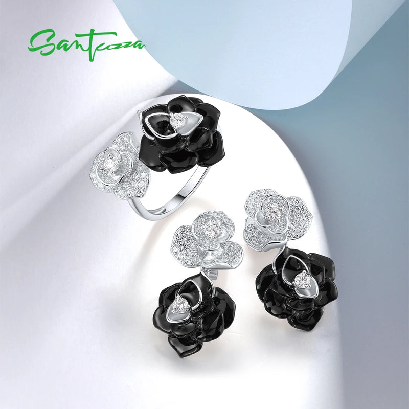 Sterling Silver White & Black Flower Jewelry Set for Women