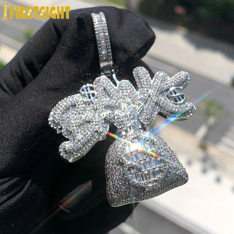 Silver Plated Cubic Zirconia Dollar Symbol Money Bag Pendant Necklace for Men