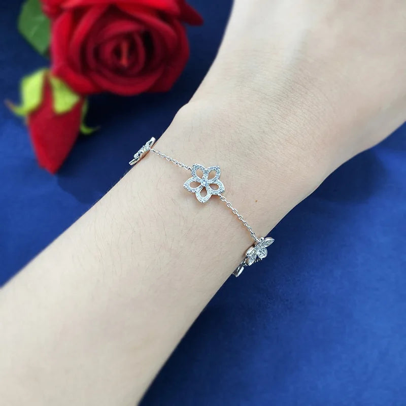 925 Sterling Silver Hollow Five Petal Flower Bracelet for Female