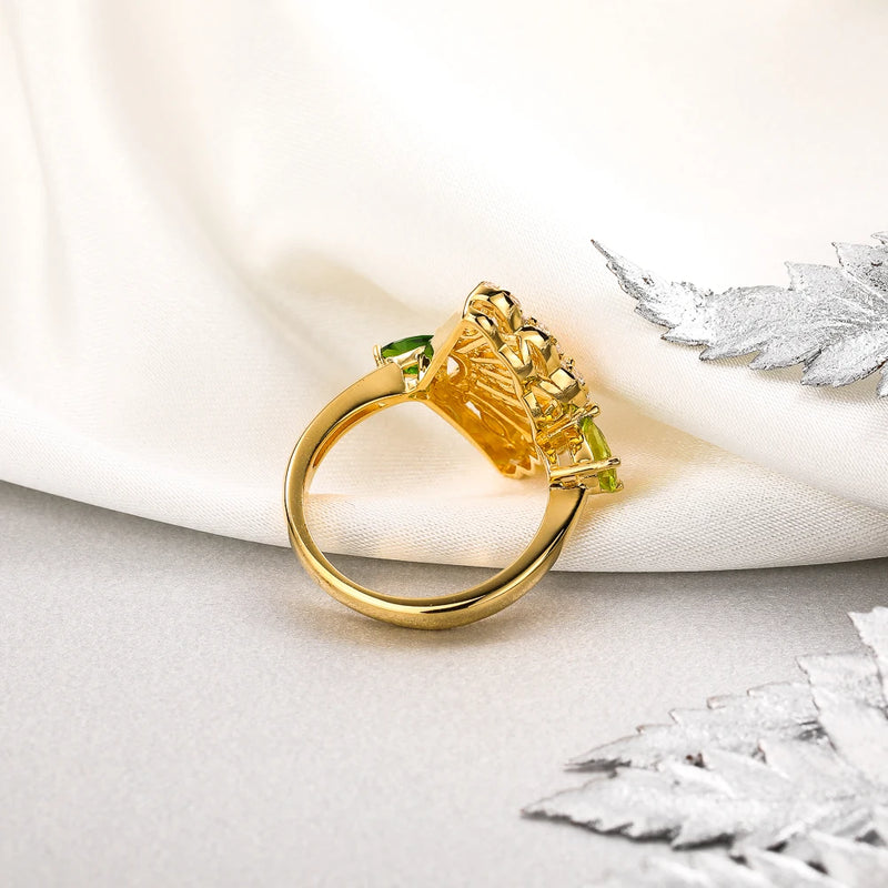 925 Sterling Silver Fan Skirt Rings with 1ctw Natural Citrine and Peridot Mixed Gems 14K Gold Plated, for Women