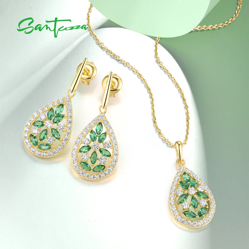 Sterling Silver Green Spinel White CZ Pendant Earrings Set for Women