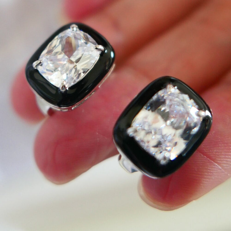 925 Sterling Silver Cushion Cut White Diamond and Black Enamel Clip Earrings for Women